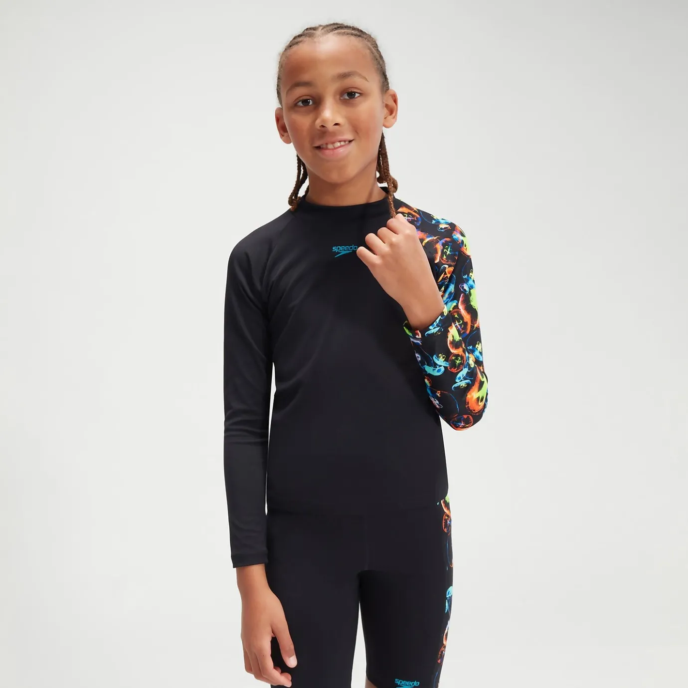 Boys' Printed Long Sleeve Rash Top Black/Blue*Speedo Discount