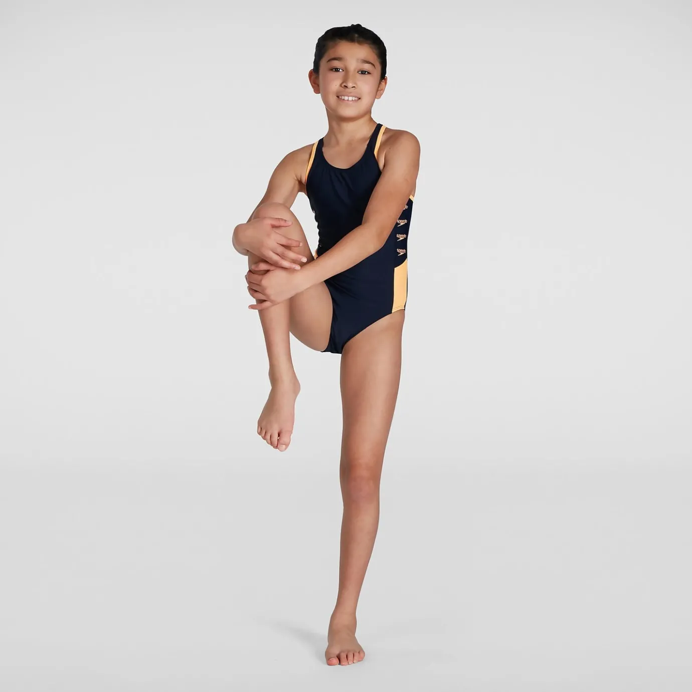 Girls' Boom Logo Splice Muscleback Swimsuit Blue/Orange*Speedo Discount
