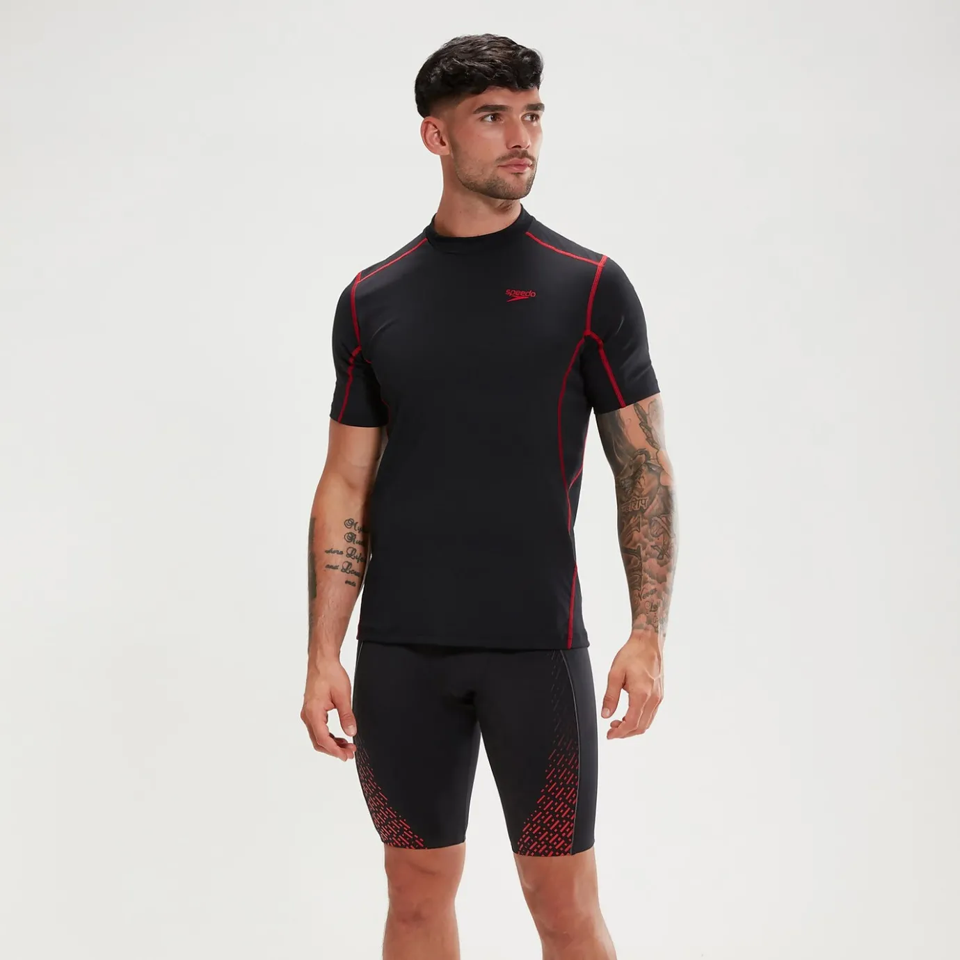Men's Tech Short Sleeve Rash Top Black/Red*Speedo Clearance