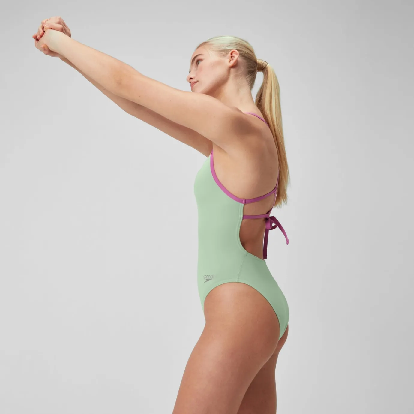 Women's Club Training Solid Lattice Tie Back Swimsuit Green*Speedo Discount