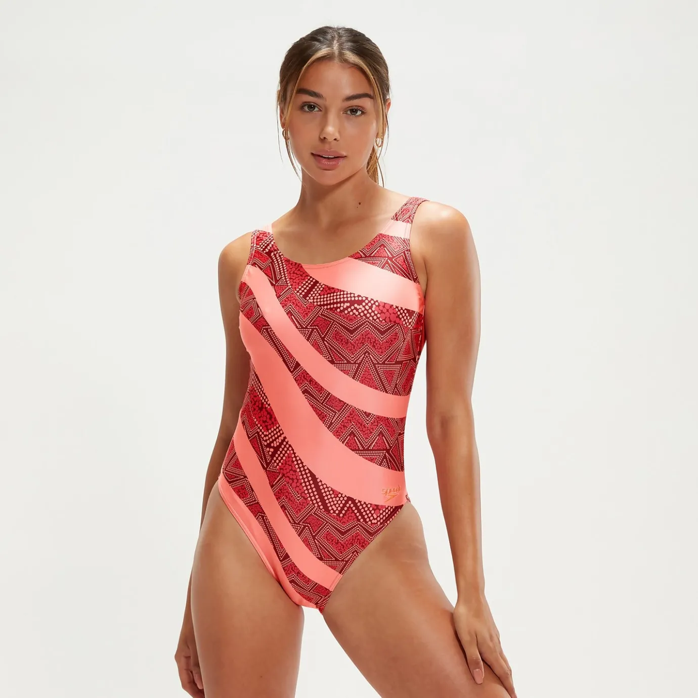 Women's Printed Deep U-Back Swimsuit Oxblood/Coral*Speedo New